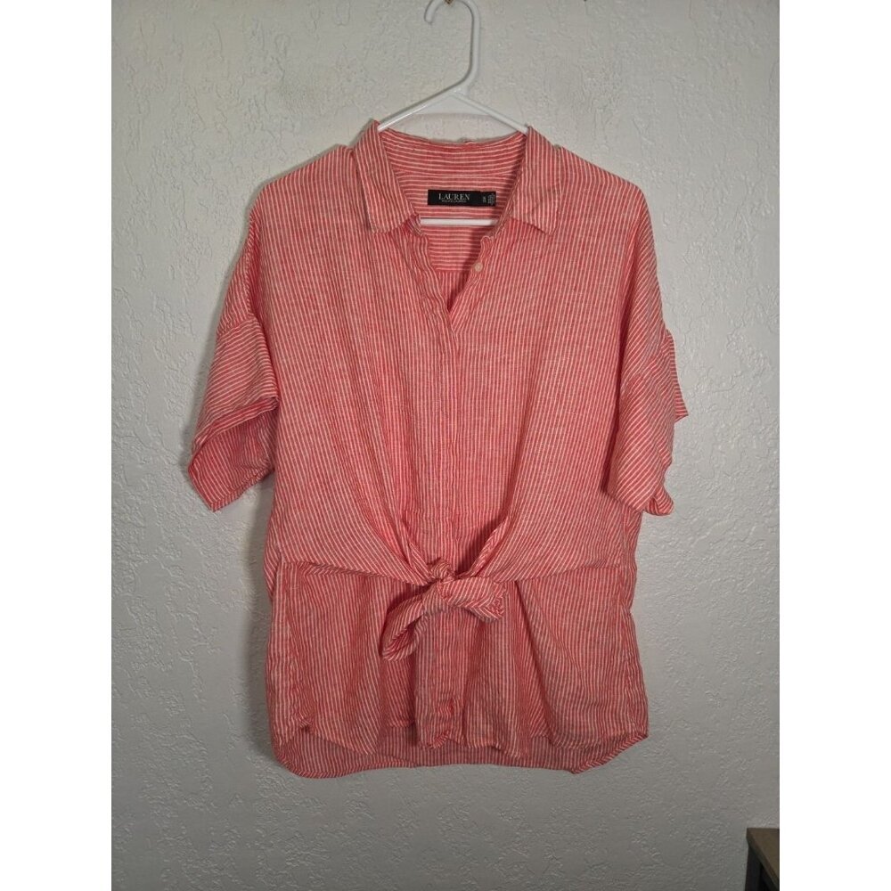 Lauren Ralph Lauren Tie-Waist Linen Button Up Shirt Womens XL Orange Striped